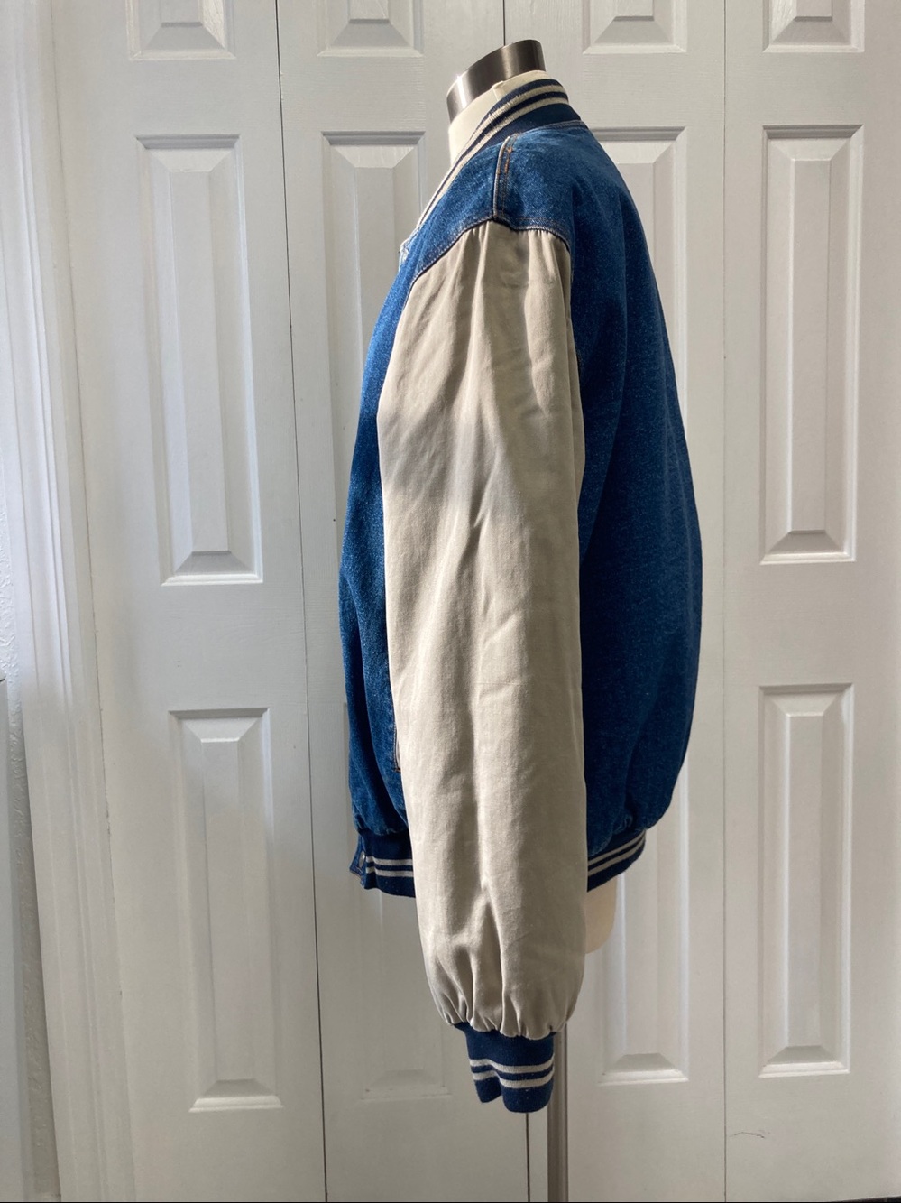 Vintage Blue Denim Bomber Jacket with Tan Sleeves - Picture 8 of 14